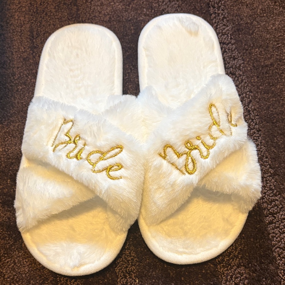 White and Gold Bride Slippers size 6-6.5